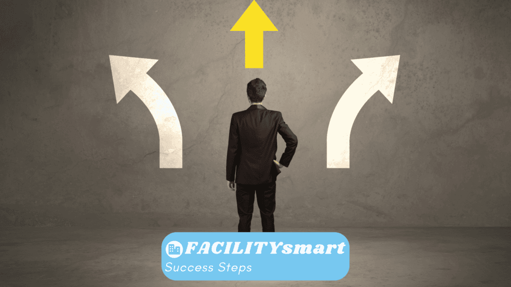 Businessman seen from behind facing a wall with three arrows: left, right, and a glowing yellow upward arrow, symbolizing a decision point.