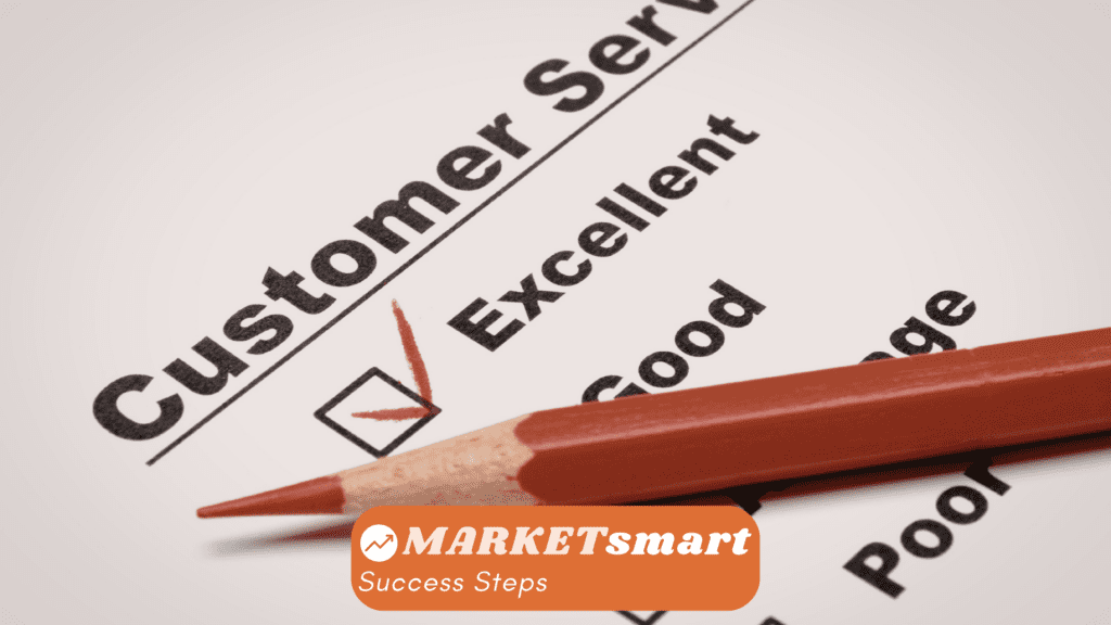 Close-up of a document with bold diagonal words like "Customer" and "Expense" beside an orange pencil and a MARKETsmart 'Success Steps' badge