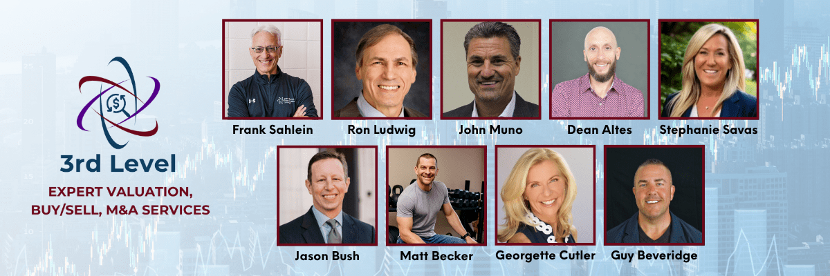 Collage of nine portraits of 3rd Level valuation experts for buy/sell and M&A services, with names beneath each photo.
