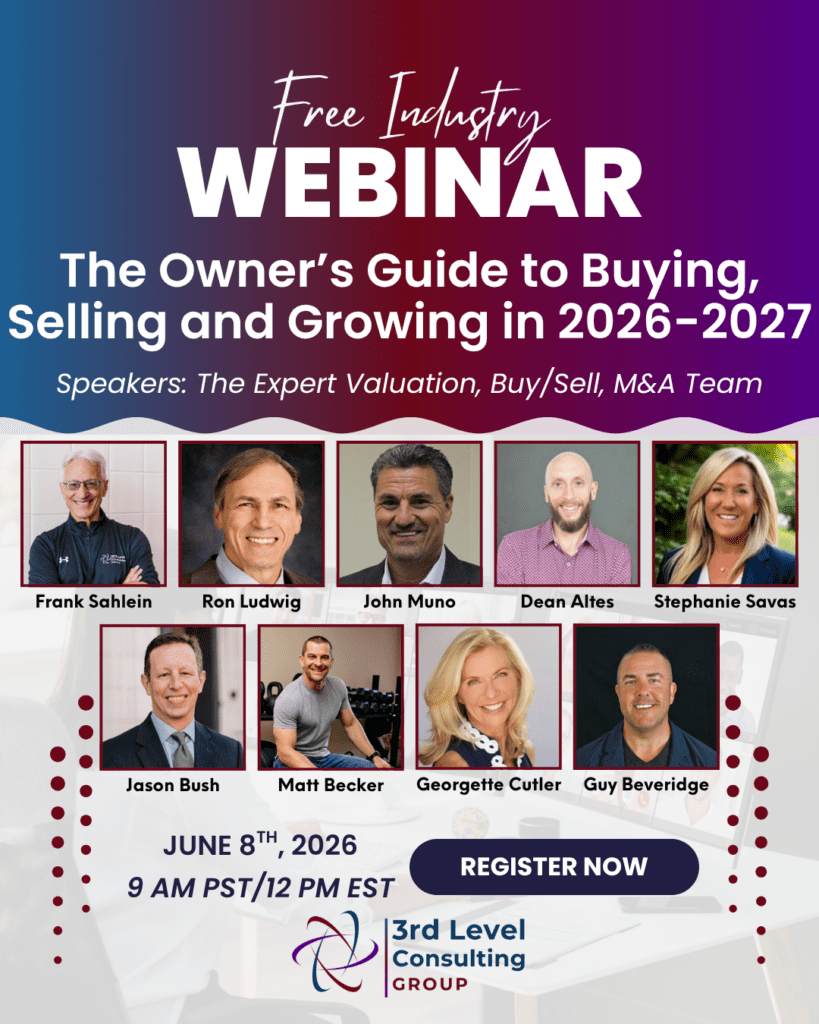 Promotional banner for a free industry webinar titled “The Owner’s Guide to Buying, Selling and Growing in 2026–2027,” with speaker photos and a Register Now button.
